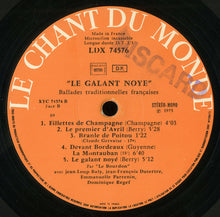 Load image into Gallery viewer, Le Bourdon avec Emmanuelle Parrenin, Jean-Loup Baly, Jean-François Dutertre, Dominique Regef : Le Galant Noyé - Ballades Et Chansons Traditionnelles Françaises (LP, Album, Gat)