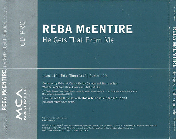 Reba McEntire : He Gets That From Me (CD, Single, Promo)