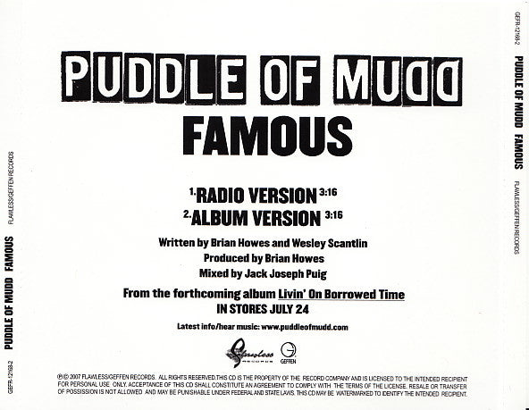 Puddle Of Mudd : Famous (CD, Single, Promo)